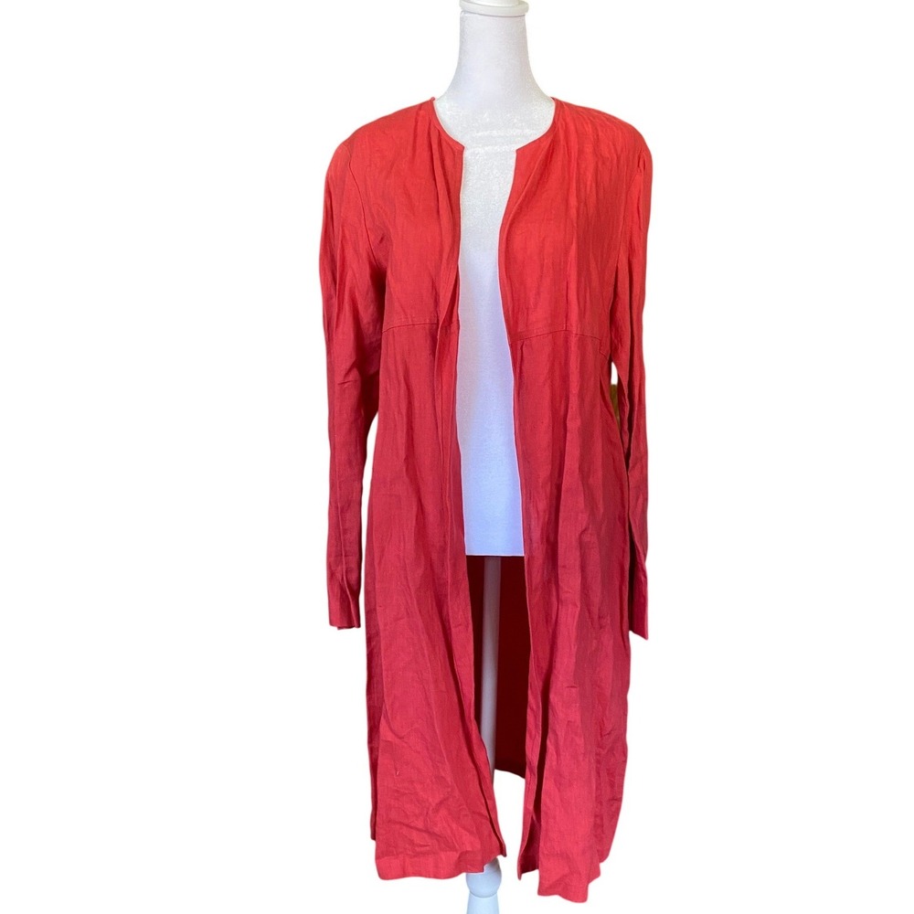 Ellen Tracy 100% Linen Longline Red Duster Jacket Cardigan 10 NWT Lagenlook Boho